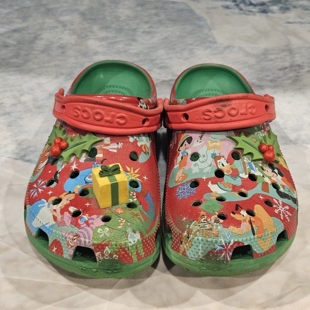 Disney Christmas Crocs Kids Clogs Holiday Print Red Green Size C4 W6